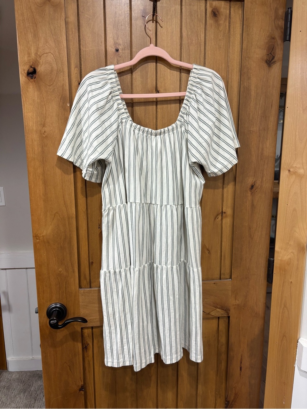 Rylee + Cru Cream Dress with Green Stripes - Tiered Midi